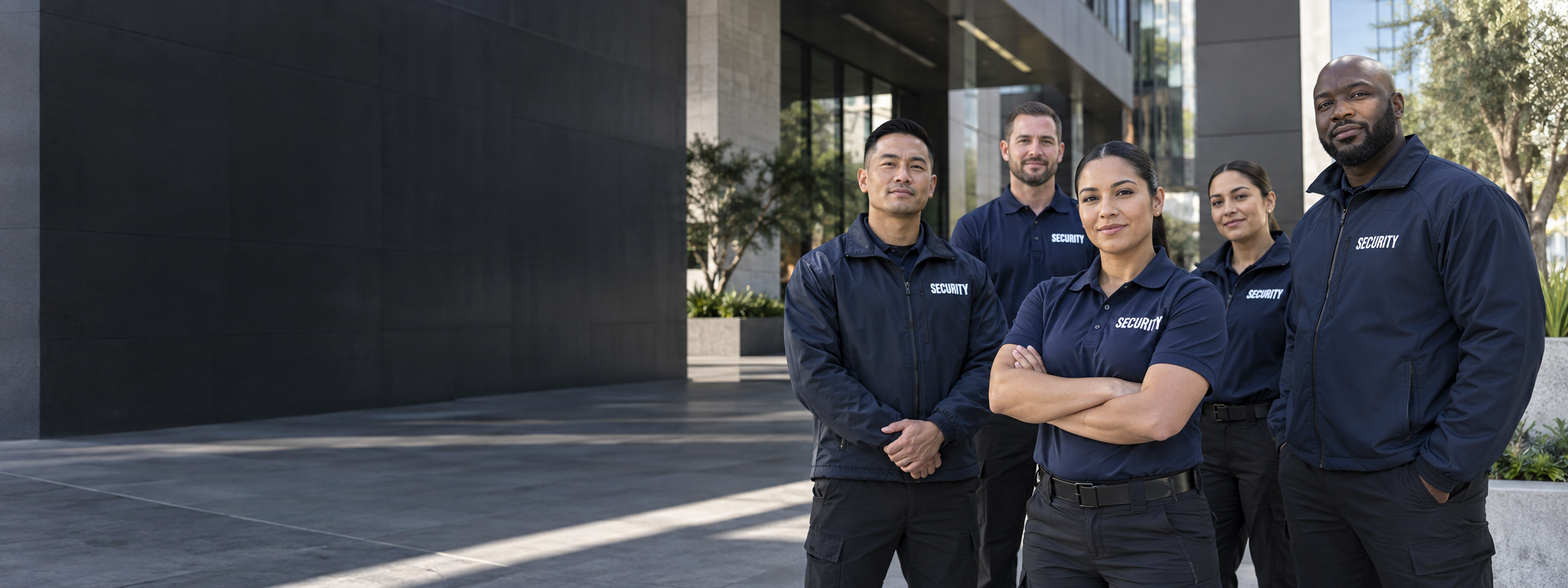 Professional private security team outside a modern facility